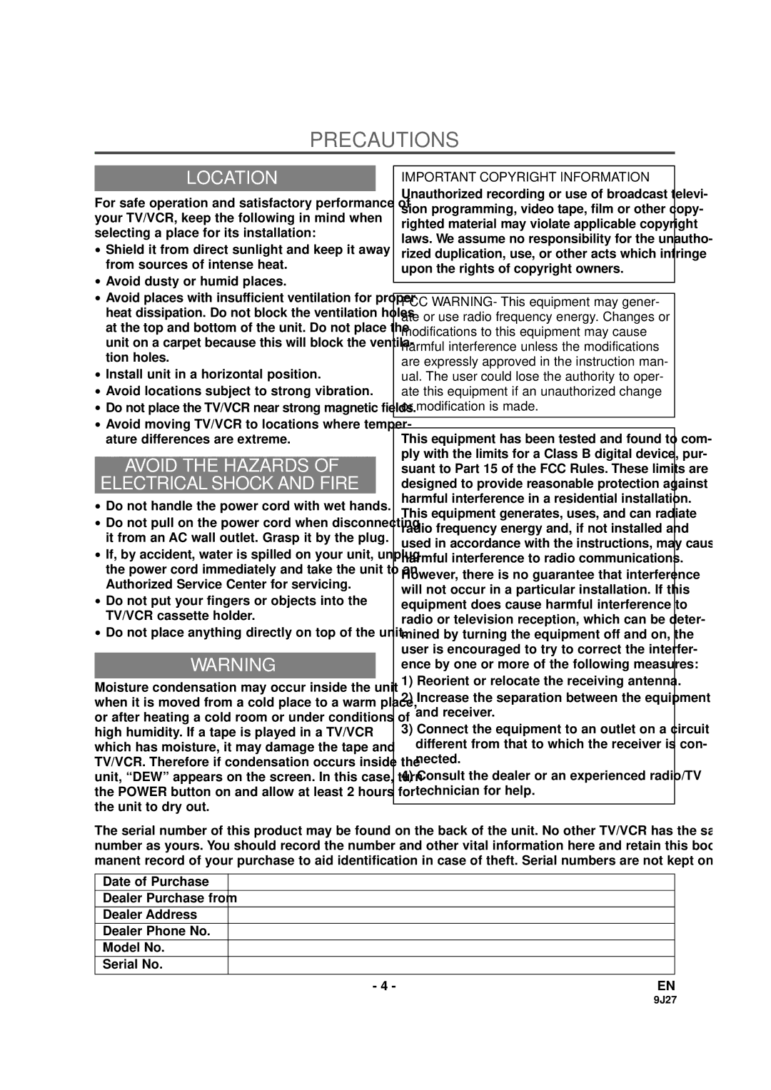 Sylvania SRC2109D Precautions, Location, Avoid the Hazards Electrical Shock and Fire, Important Copyright Information 