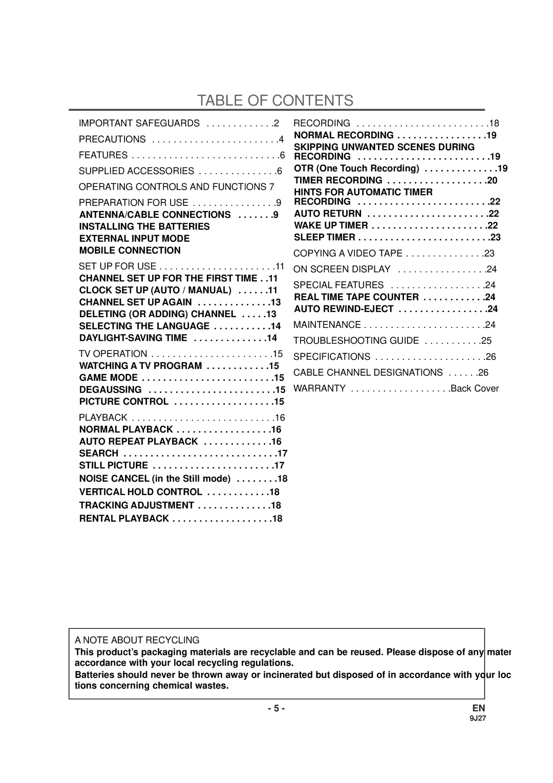 Sylvania SRC2109D owner manual Table of Contents 