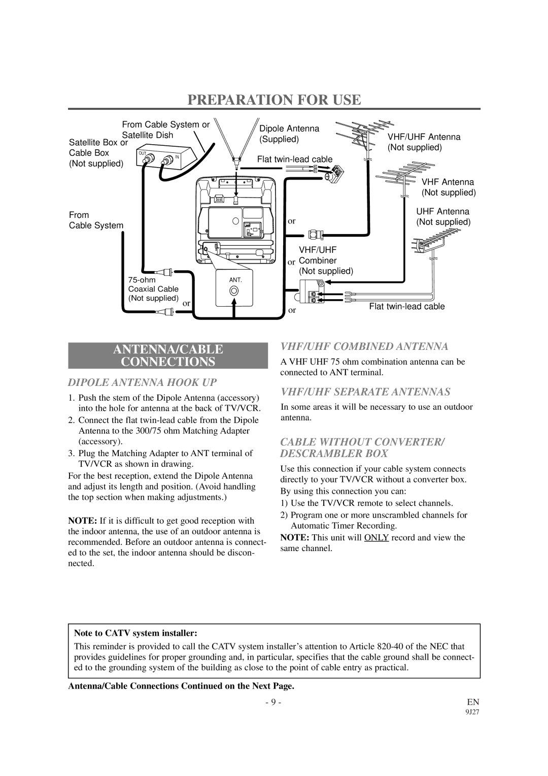 Sylvania SRC2109D Preparation for USE, VHF/UHF Combined Antenna, Dipole Antenna Hook UP, VHF/UHF Separate Antennas 