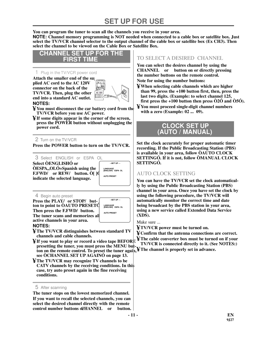 Sylvania SRC2109E SET UP for USE, Channel SET UP for First Time, Clock SET UP Auto / Manual, To Select a Desired Channel 