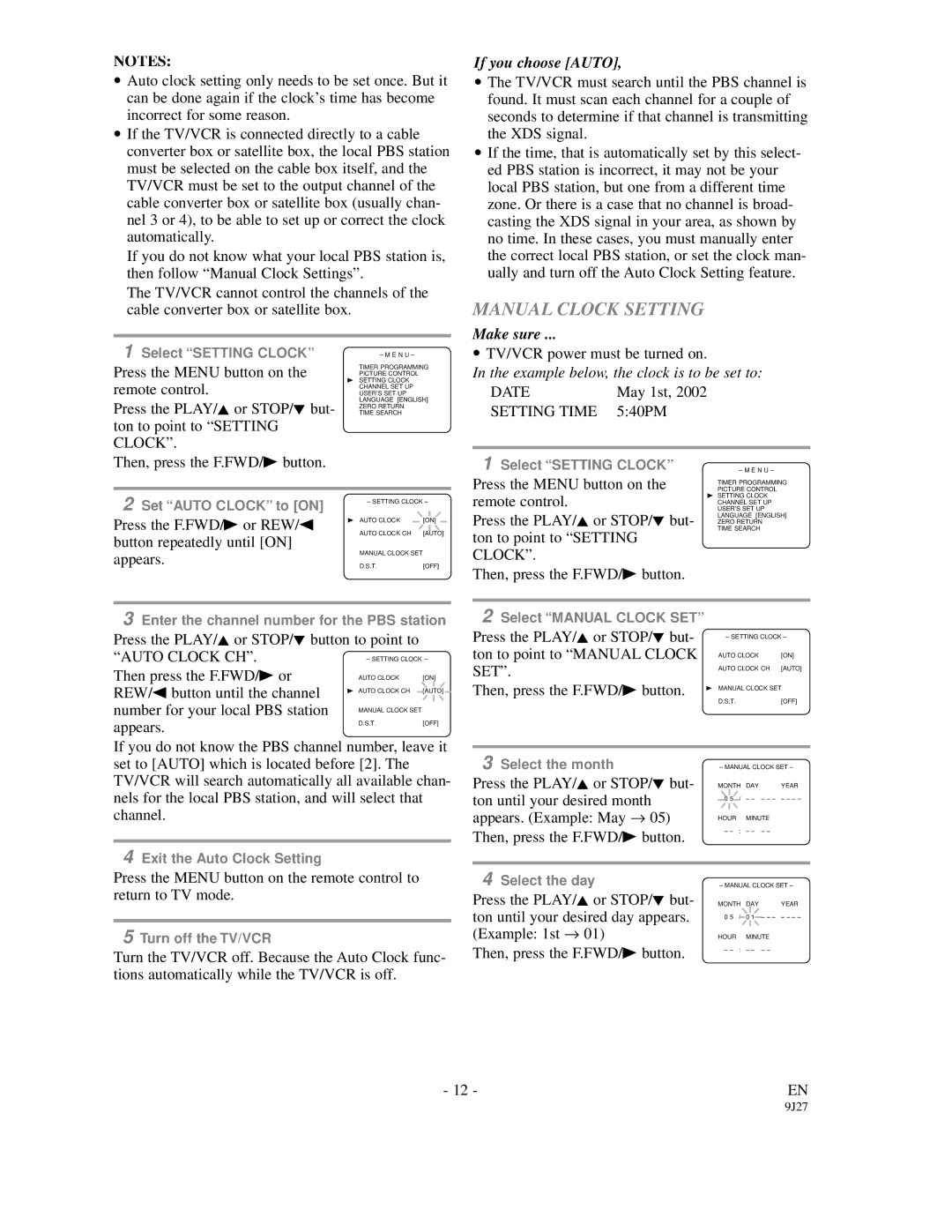 Sylvania SRC2109E owner manual Manual Clock Setting, If you choose Auto 