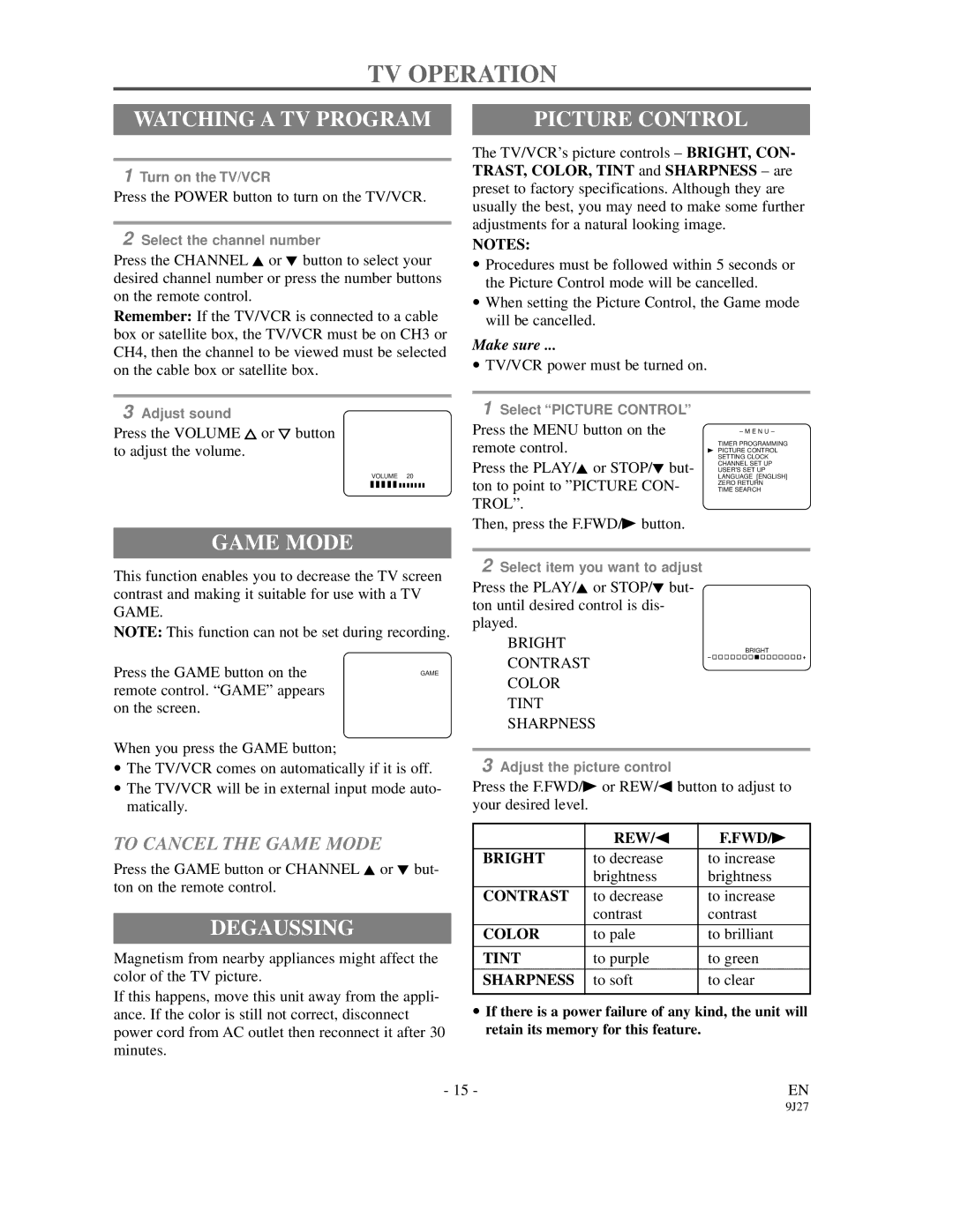 Sylvania SRC2109E owner manual TV Operation, Watching a TV Program, Picture Control, Game Mode, Degaussing 