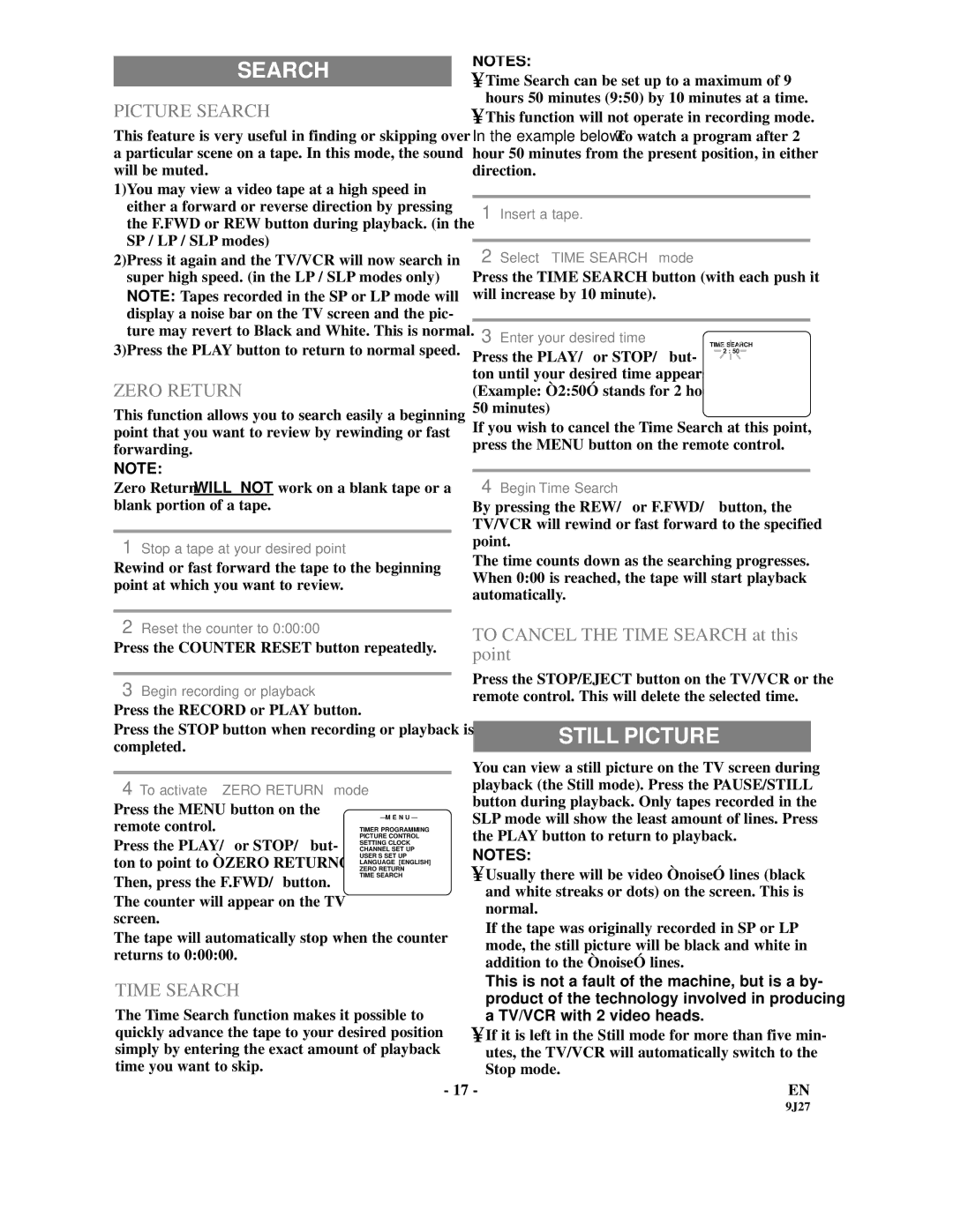 Sylvania SRC2109E owner manual Still Picture, Picture Search, Zero Return, Time Search 