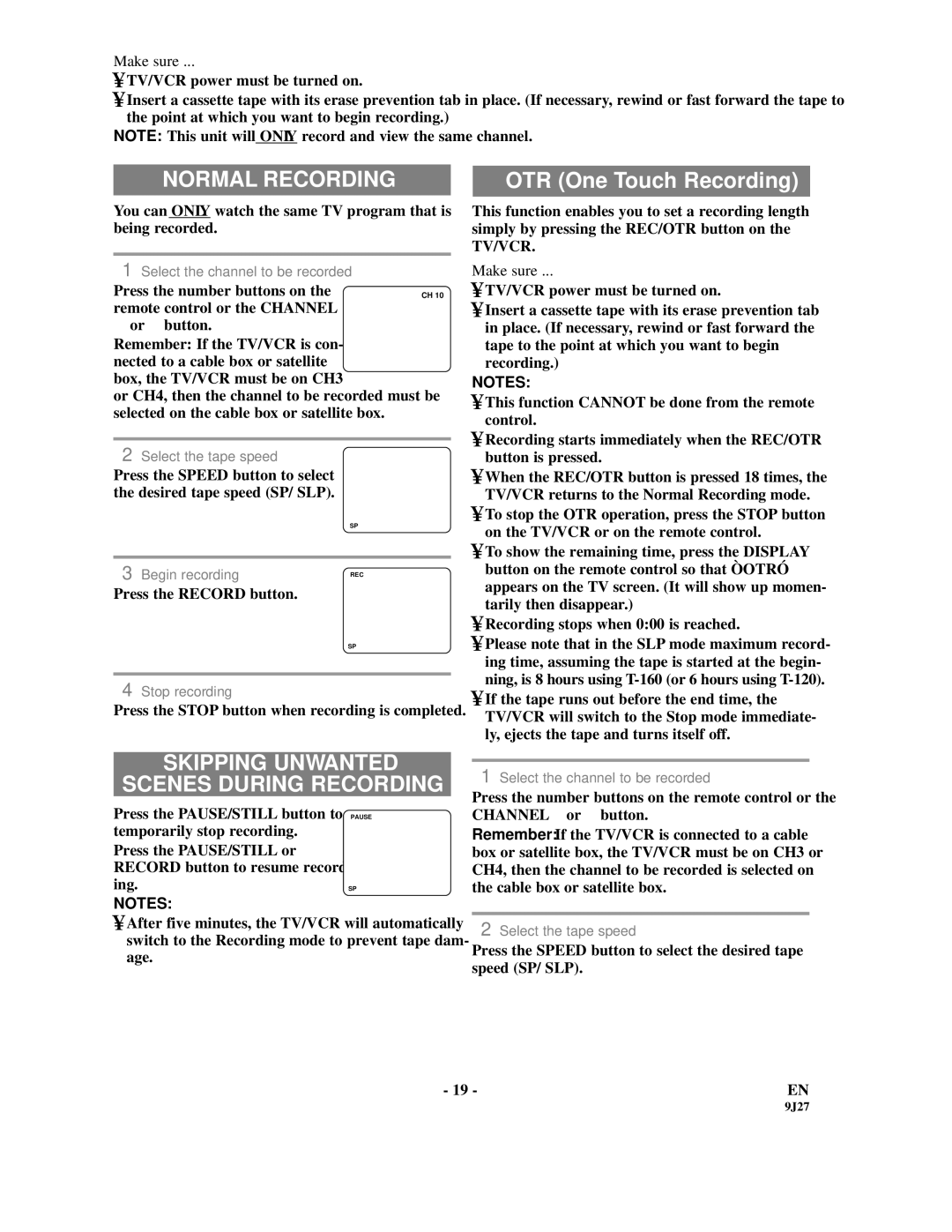 Sylvania SRC2109E owner manual Normal Recording, Skipping Unwanted Scenes During Recording 