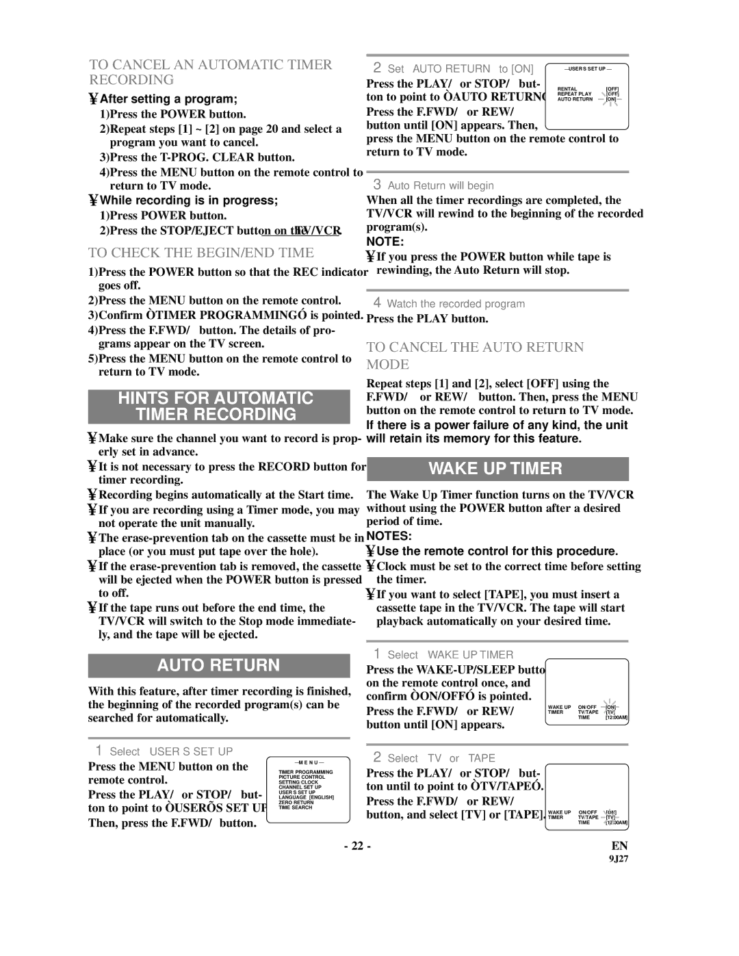 Sylvania SRC2109E owner manual Hints for Automatic Timer Recording, Wake UP Timer, Auto Return 