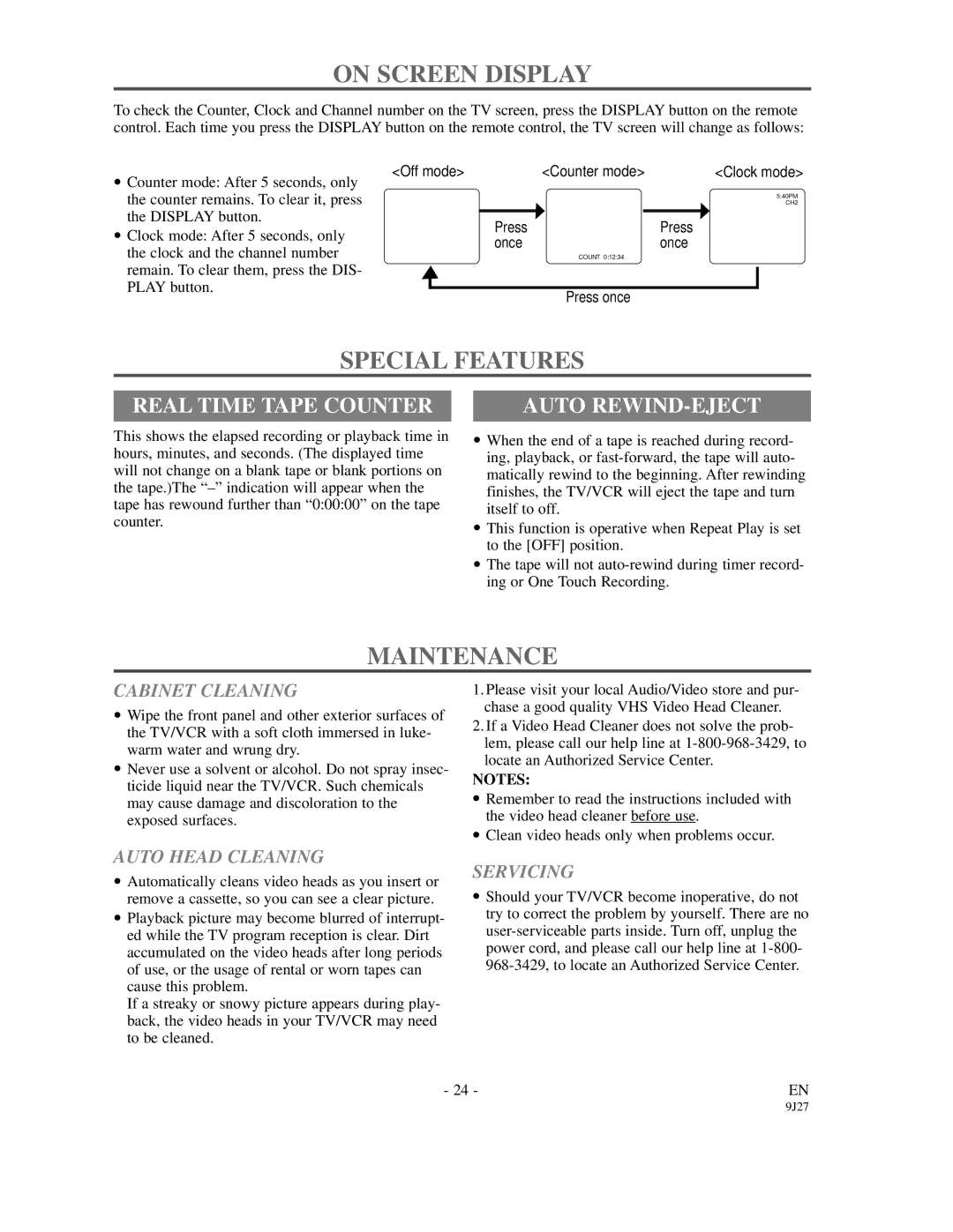 Sylvania SRC2109E owner manual On Screen Display, Special Features, Maintenance, Real Time Tape Counter, Auto REWIND-EJECT 