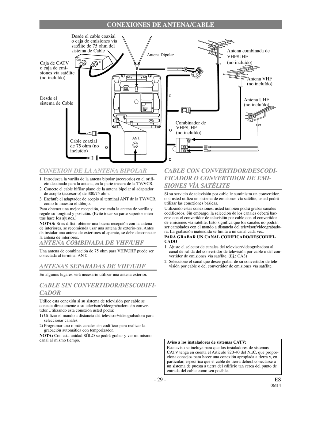 Sylvania SRC2109E owner manual Conexiones DE ANTENA/CABLE 