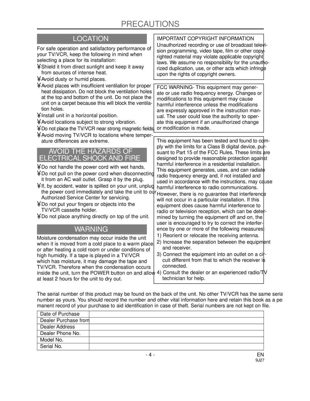 Sylvania SRC2109E Precautions, Location, Avoid the Hazards Electrical Shock and Fire, Important Copyright Information 