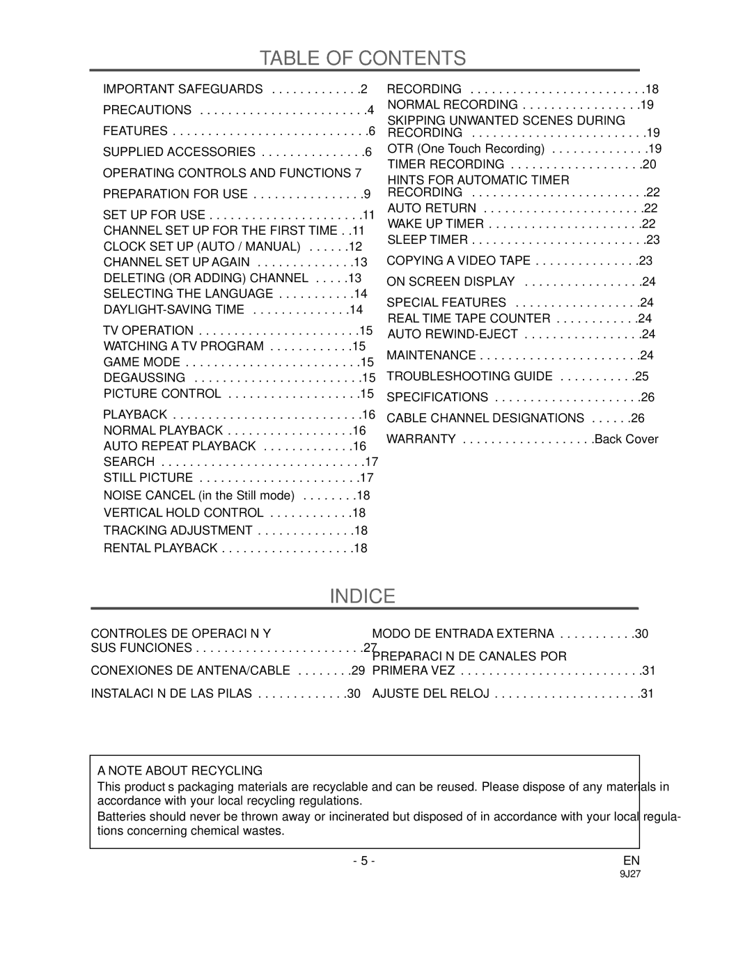 Sylvania SRC2109E owner manual Table of Contents, Indice 