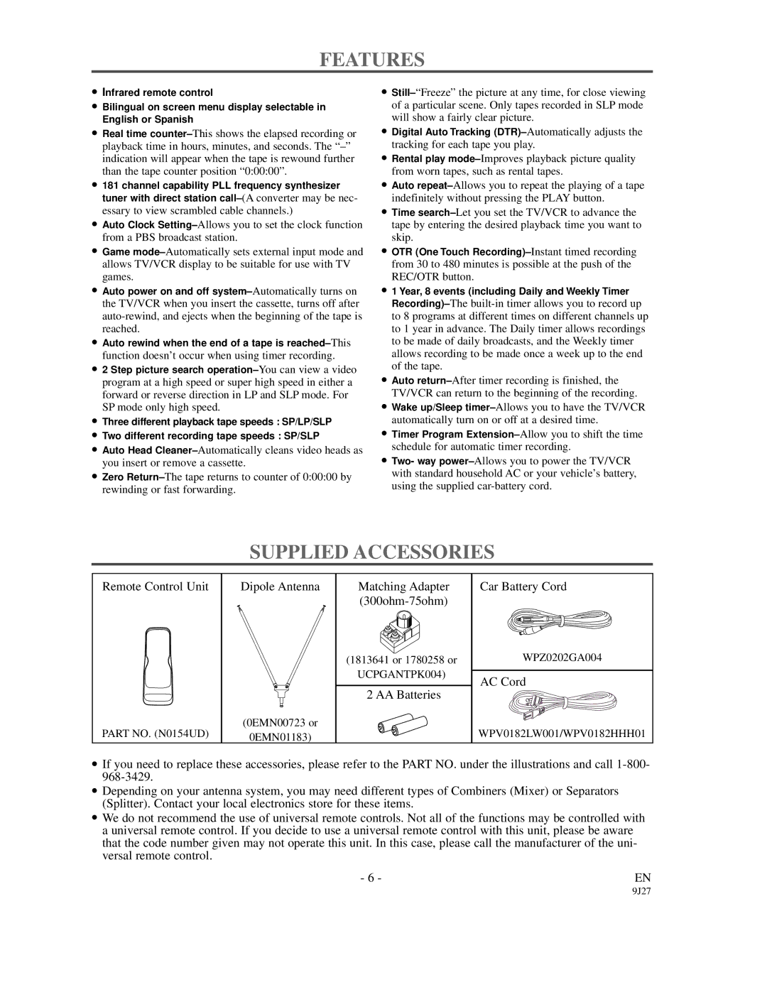 Sylvania SRC2109E owner manual Features, Supplied Accessories 