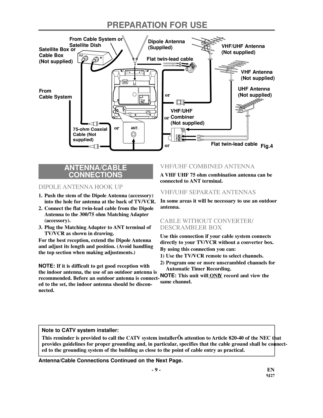 Sylvania SRC2109E Preparation for USE, VHF/UHF Combined Antenna, Dipole Antenna Hook UP, VHF/UHF Separate Antennas 