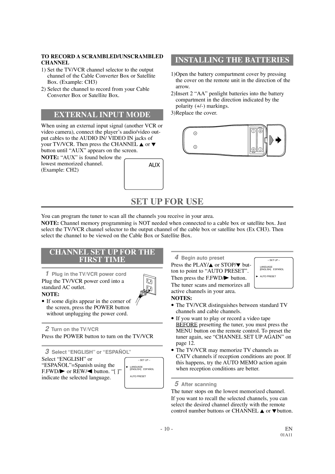 Sylvania SRC2113 owner manual SET UP for USE, External Input Mode, Installing the Batteries, Channel SET UP for First Time 