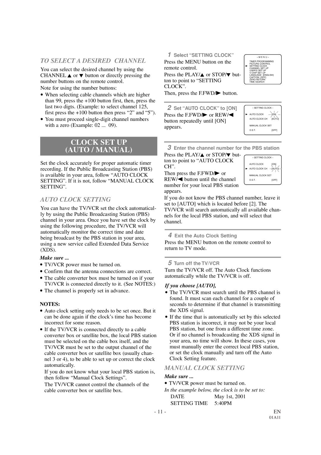 Sylvania SRC2113 Clock SET UP Auto / Manual, To Select a Desired Channel, Auto Clock Setting, Manual Clock Setting 