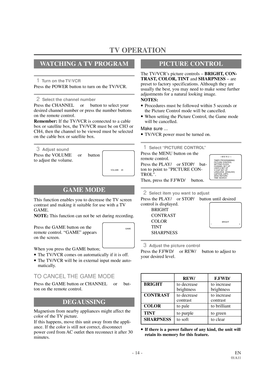 Sylvania SRC2113 owner manual TV Operation, Watching a TV Program, Picture Control, Game Mode, Degaussing 