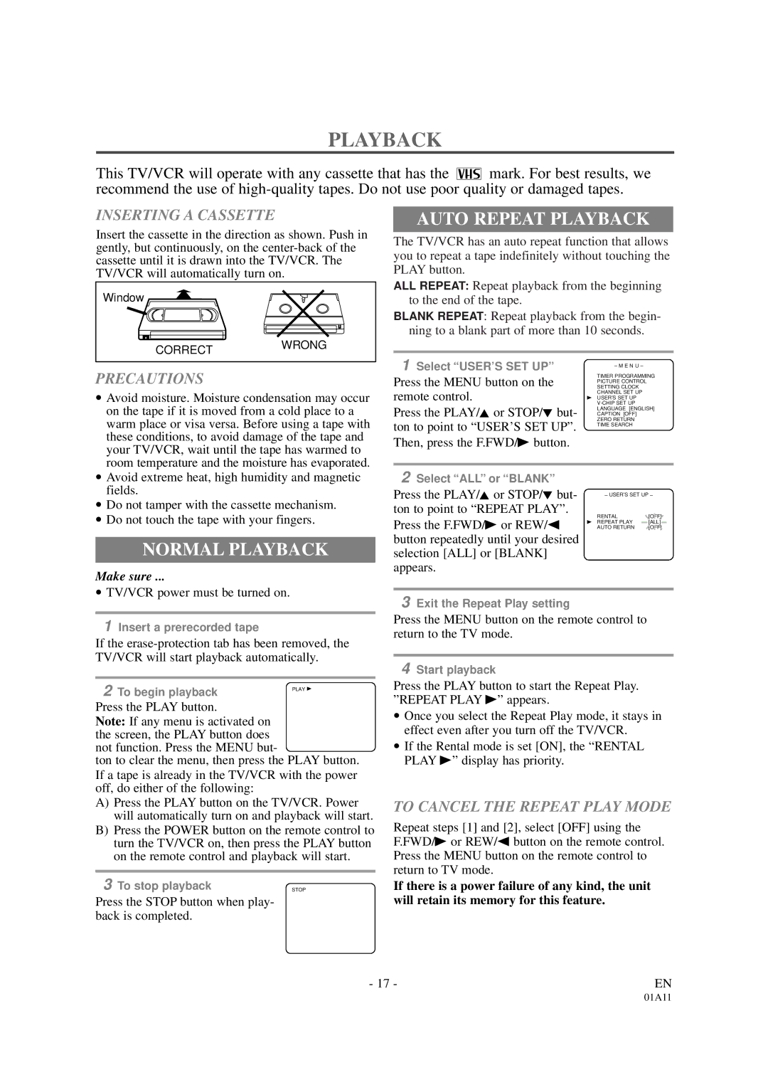 Sylvania SRC2113 owner manual Auto Repeat Playback, Normal Playback 