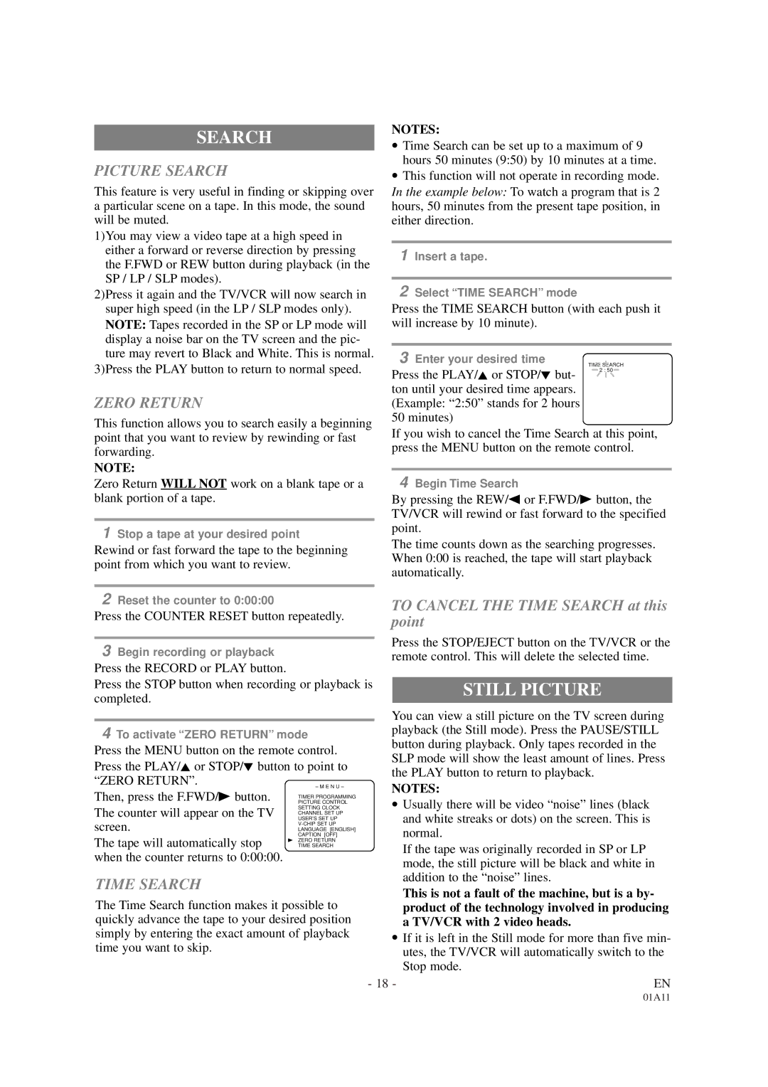 Sylvania SRC2113 owner manual Still Picture, Picture Search, Zero Return, Time Search 