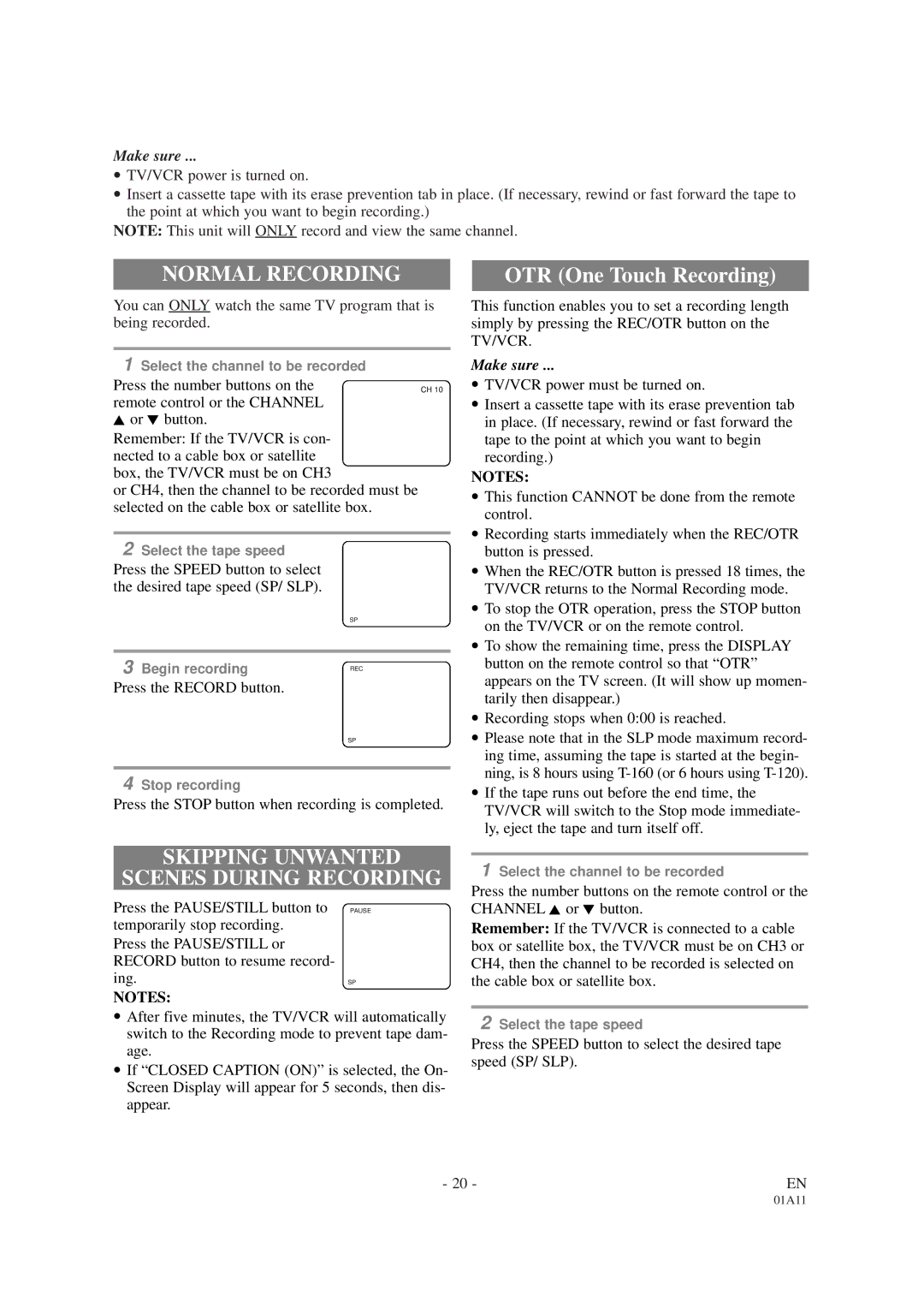 Sylvania SRC2113 owner manual Normal Recording, Skipping Unwanted Scenes During Recording 