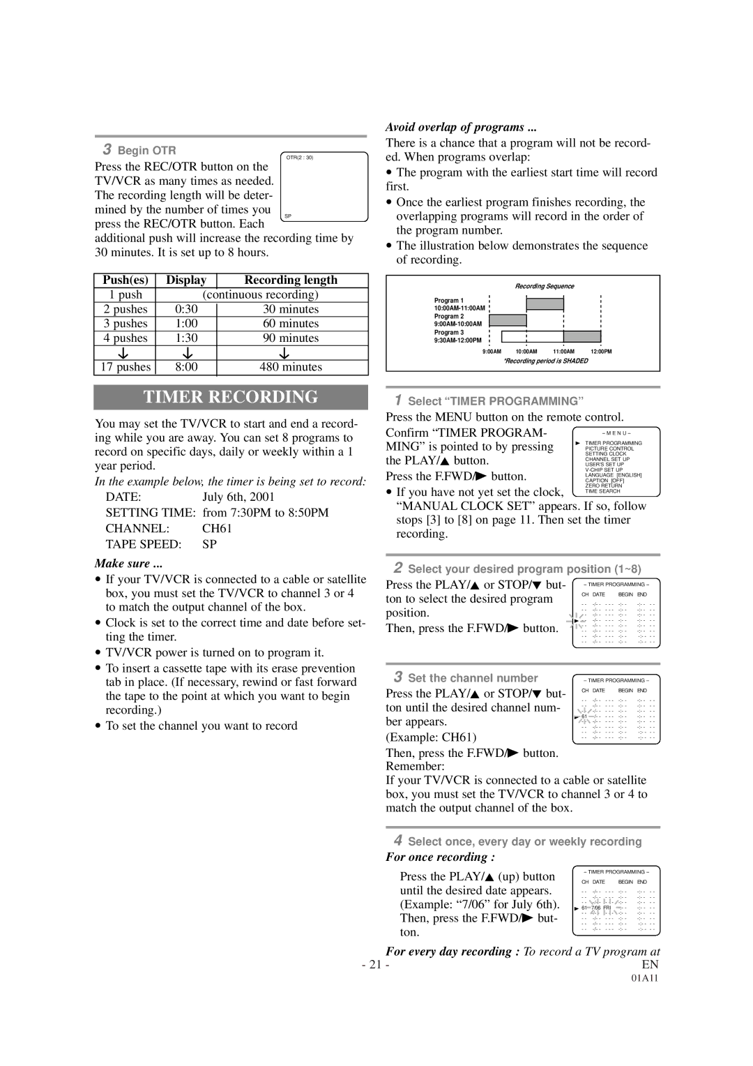 Sylvania SRC2113 owner manual Timer Recording, Pushes Display Recording length, Channel CH61 Tape Speed SP 