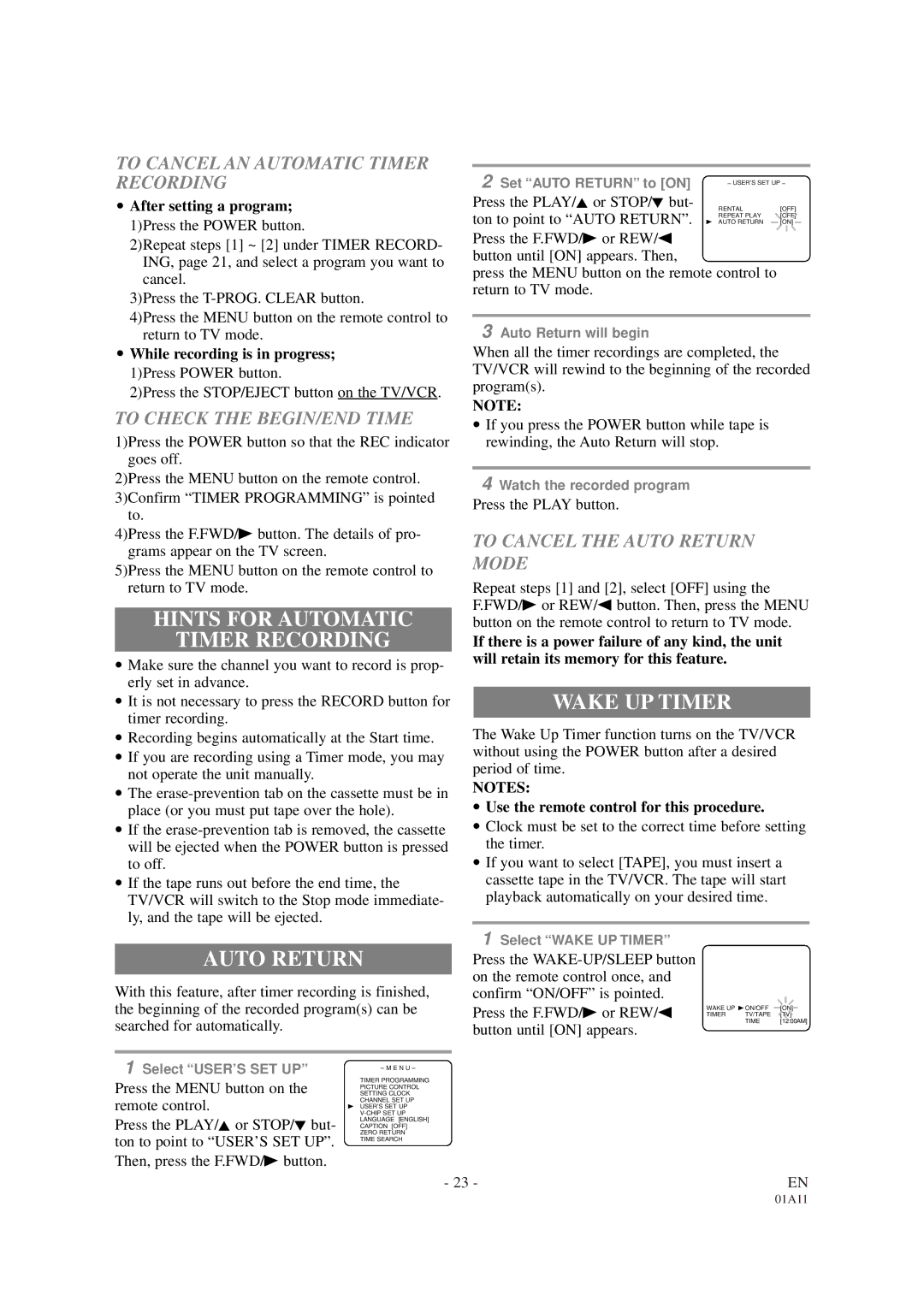 Sylvania SRC2113 owner manual Hints for Automatic Timer Recording, Auto Return, Wake UP Timer 