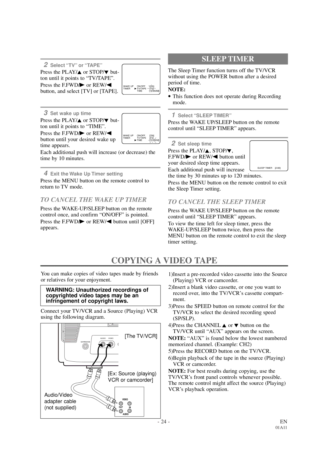 Sylvania SRC2113 owner manual Copying a Video Tape, To Cancel the Wake UP Timer, To Cancel the Sleep Timer, Sp/Slp 