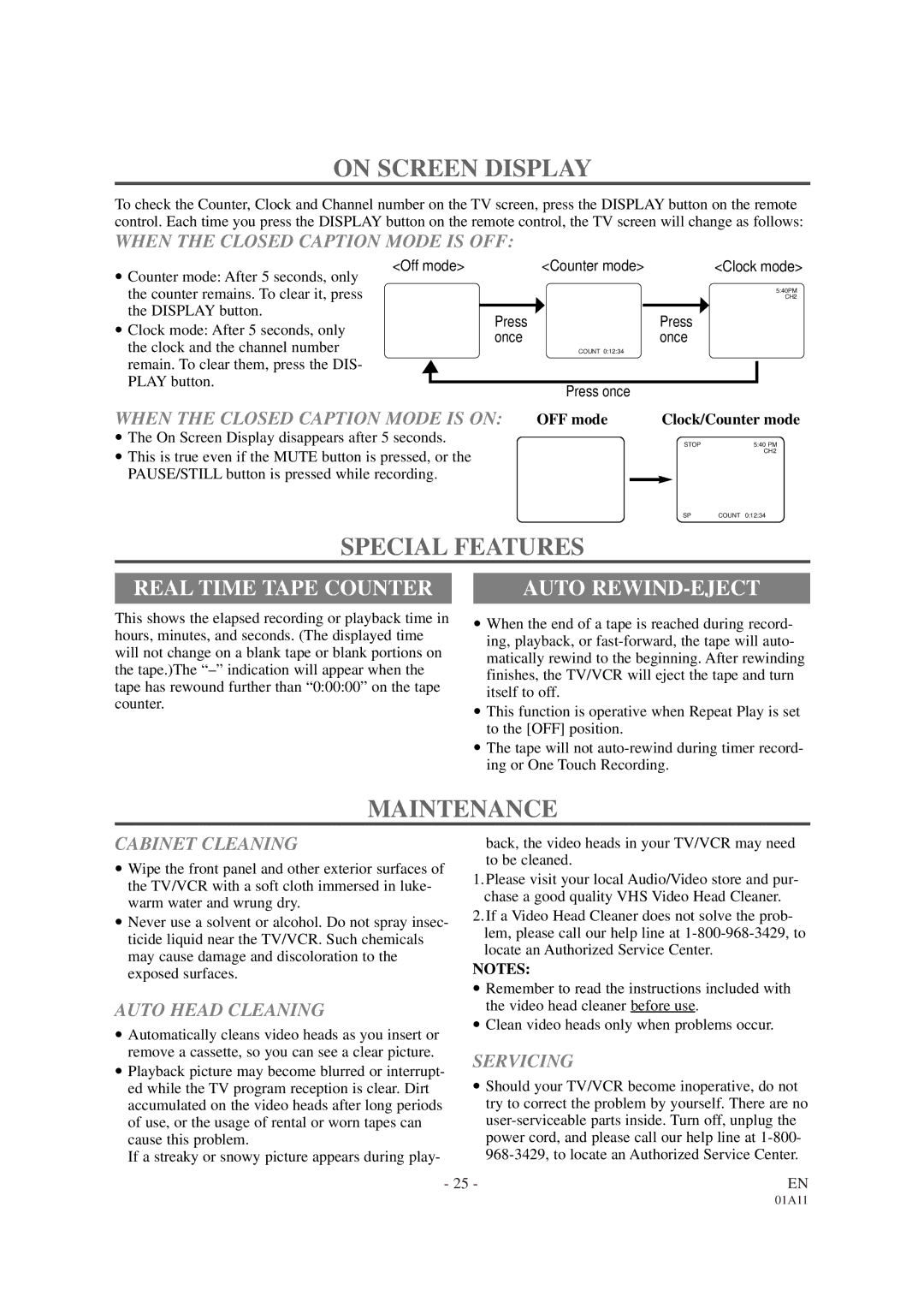 Sylvania SRC2113 owner manual On Screen Display, Special Features, Maintenance, Real Time Tape Counter, Auto REWIND-EJECT 