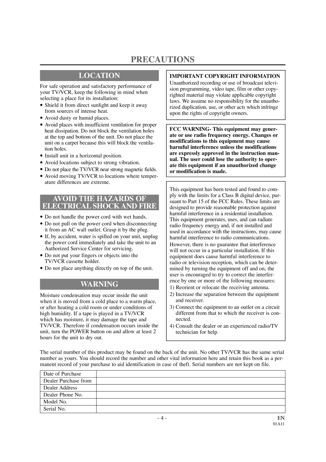 Sylvania SRC2113 Precautions, Location, Avoid the Hazards Electrical Shock and Fire, Important Copyright Information 