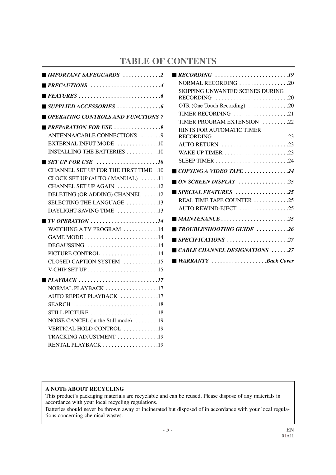 Sylvania SRC2113 owner manual Table of Contents 