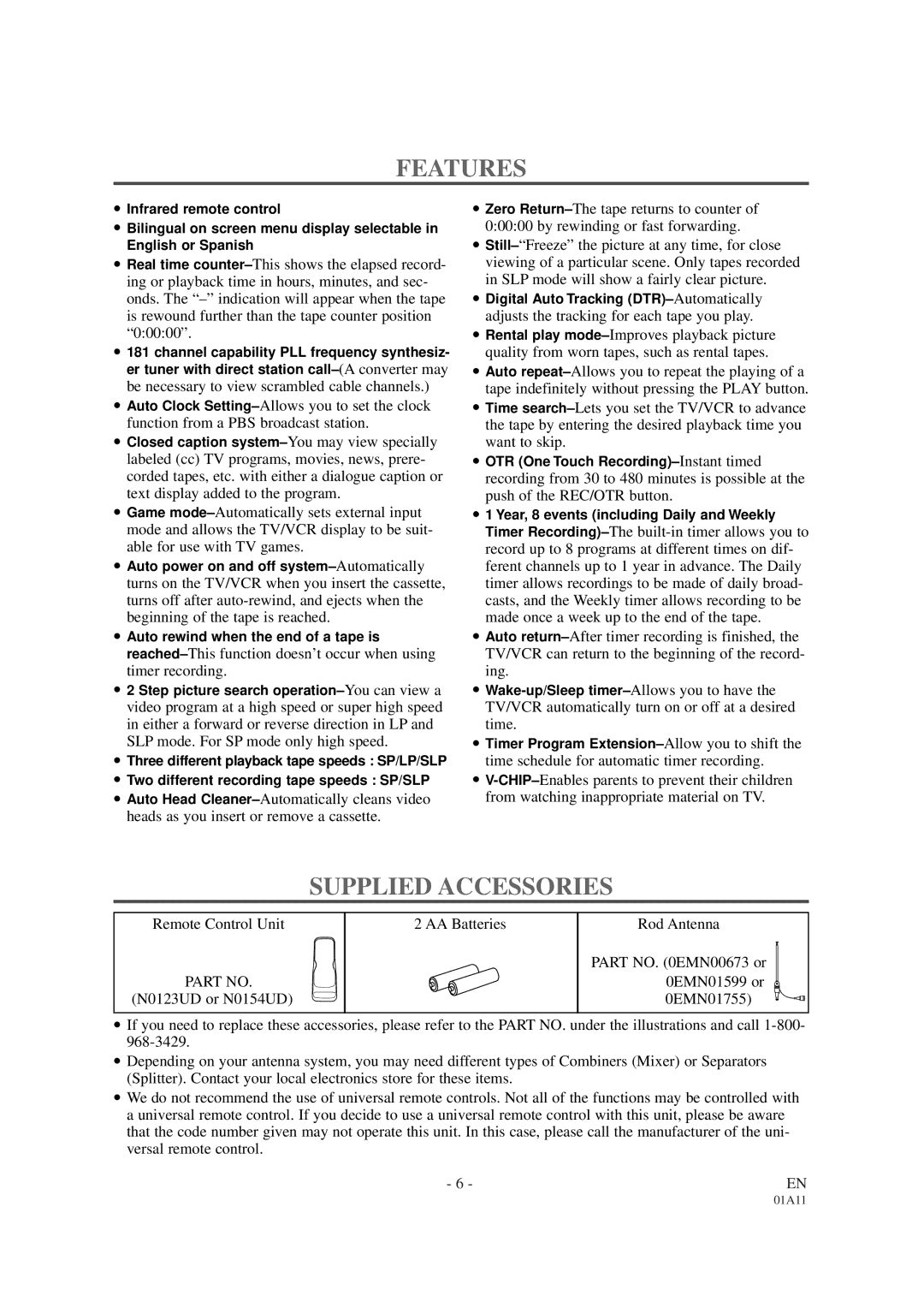 Sylvania SRC2113 owner manual Features, Supplied Accessories 