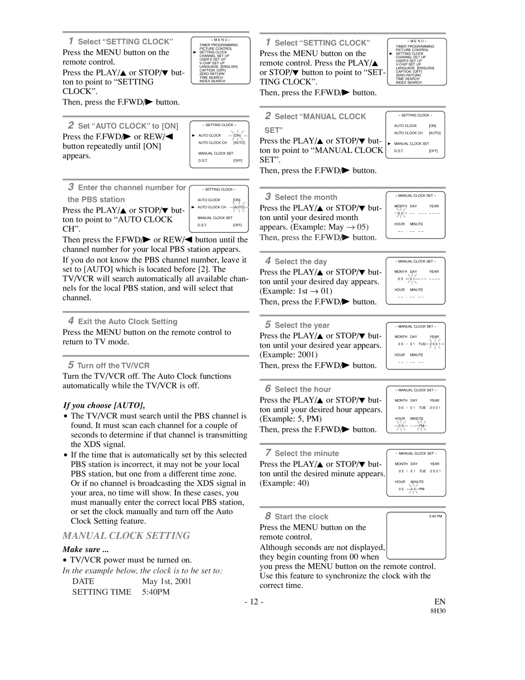 Sylvania SRC21135 owner manual Manual Clock Setting, If you choose Auto 