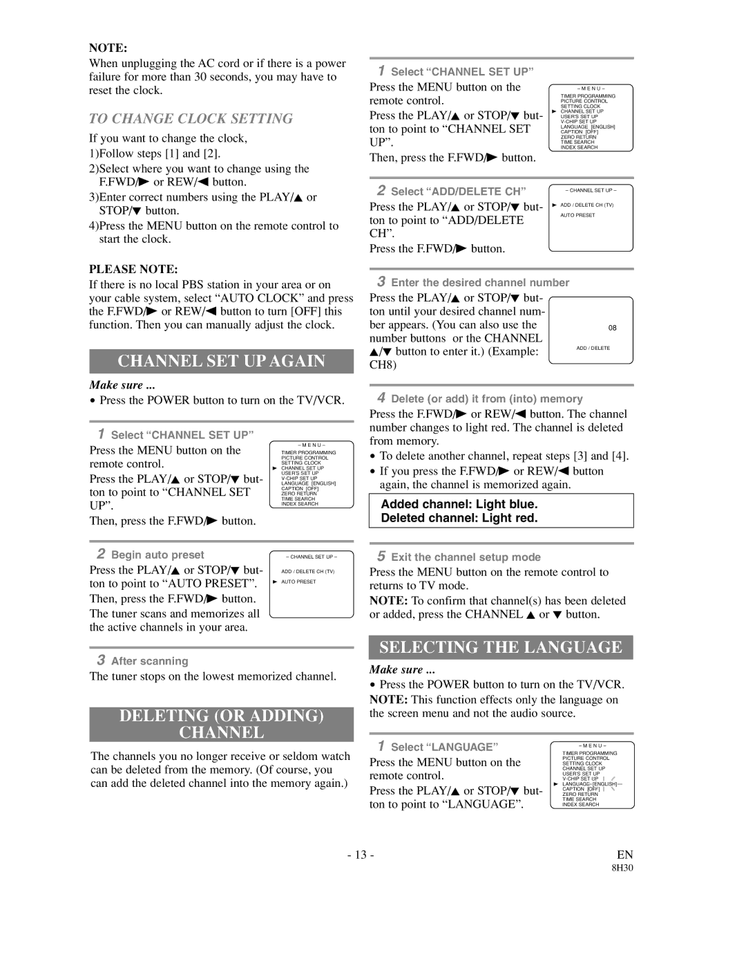 Sylvania SRC21135 Channel SET UP Again, Selecting the Language, Deleting or Adding Channel, To Change Clock Setting 