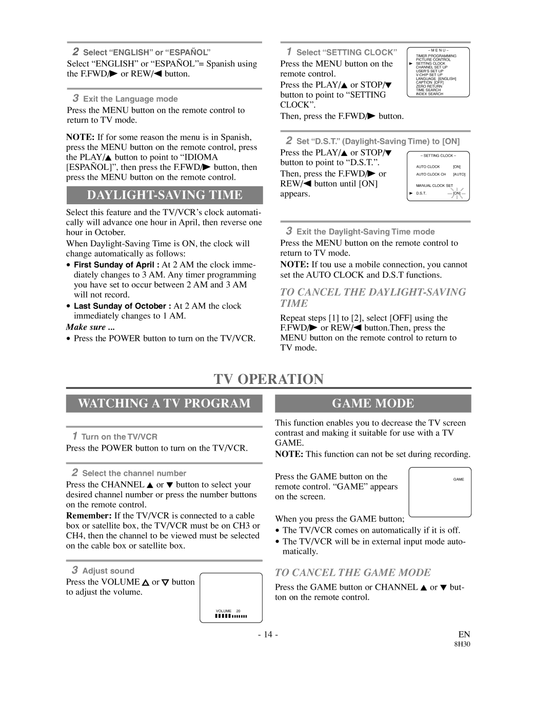 Sylvania SRC21135 owner manual TV Operation, DAYLIGHT-SAVING Time, Watching a TV Program, Game Mode 