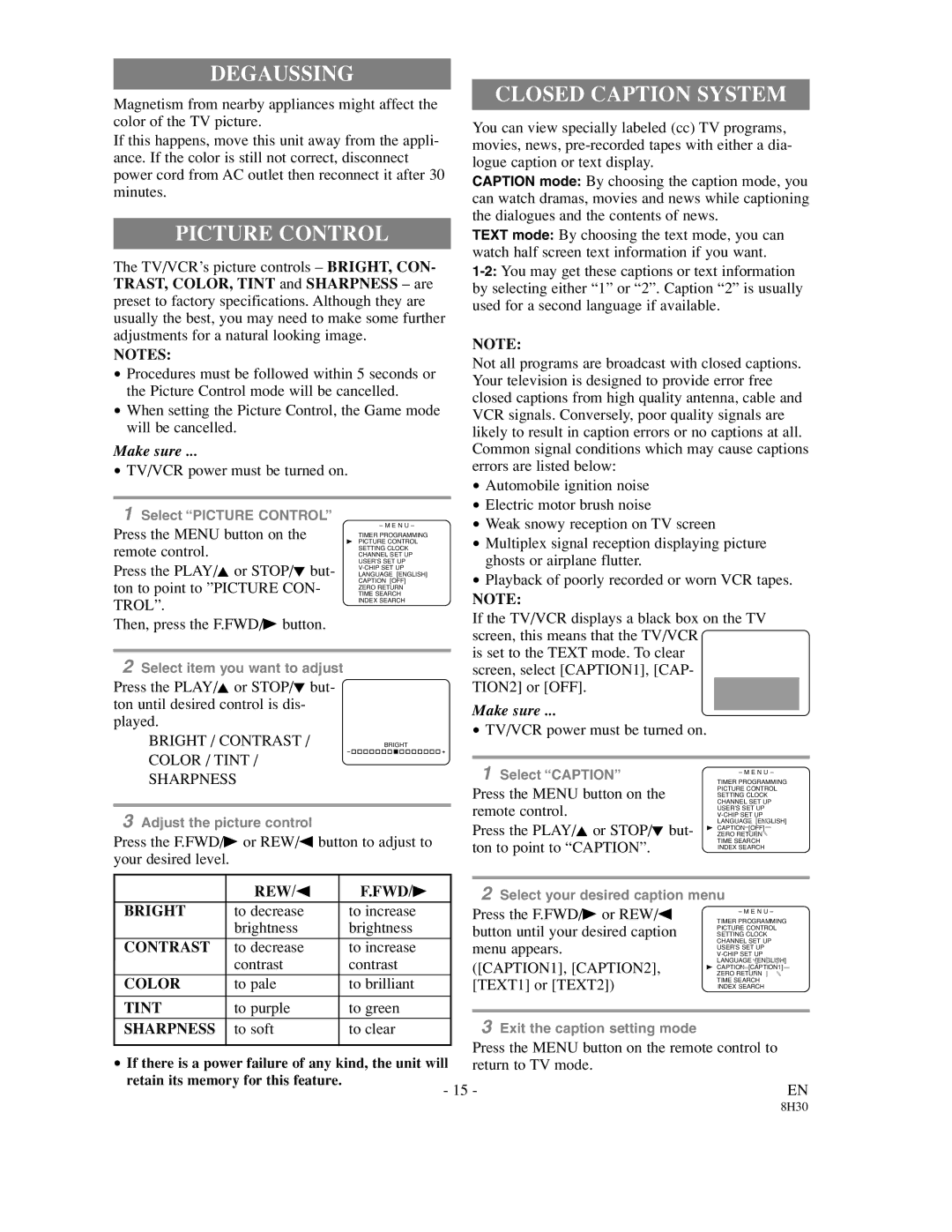 Sylvania SRC21135 owner manual Degaussing, Picture Control, Closed Caption System 