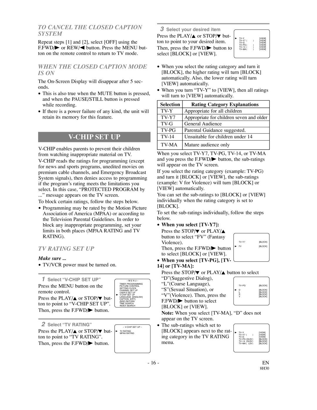 Sylvania SRC21135 Chip SET UP, To Cancel the Closed Caption System, When the Closed Caption Mode is on, TV Rating SET UP 