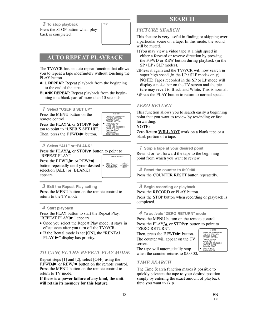 Sylvania SRC21135 owner manual Auto Repeat Playback, Search 