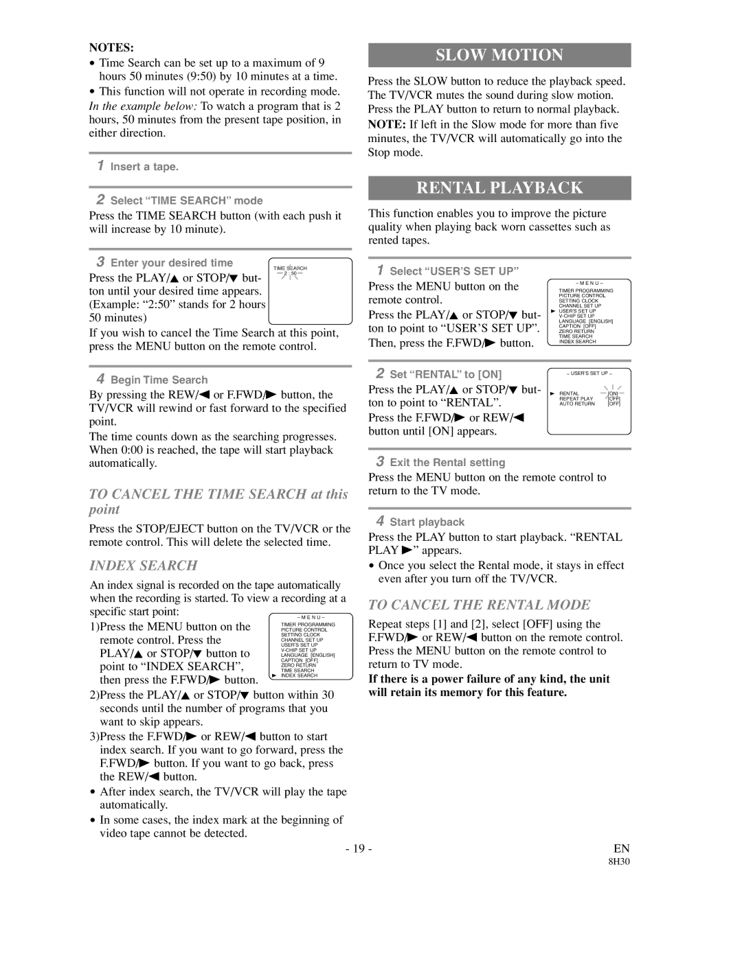 Sylvania SRC21135 owner manual Slow Motion, Rental Playback, Index Search, To Cancel the Rental Mode 