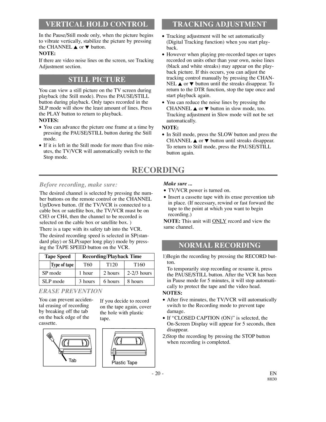 Sylvania SRC21135 owner manual Vertical Hold Control, Still Picture, Tracking Adjustment, Normal Recording 