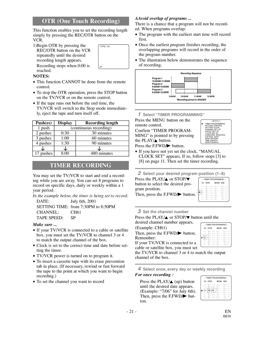 Sylvania SRC21135 Timer Recording, Pushes Display Recording length, Channel CH61 Tape Speed SP, AAvoid overlap of programs 