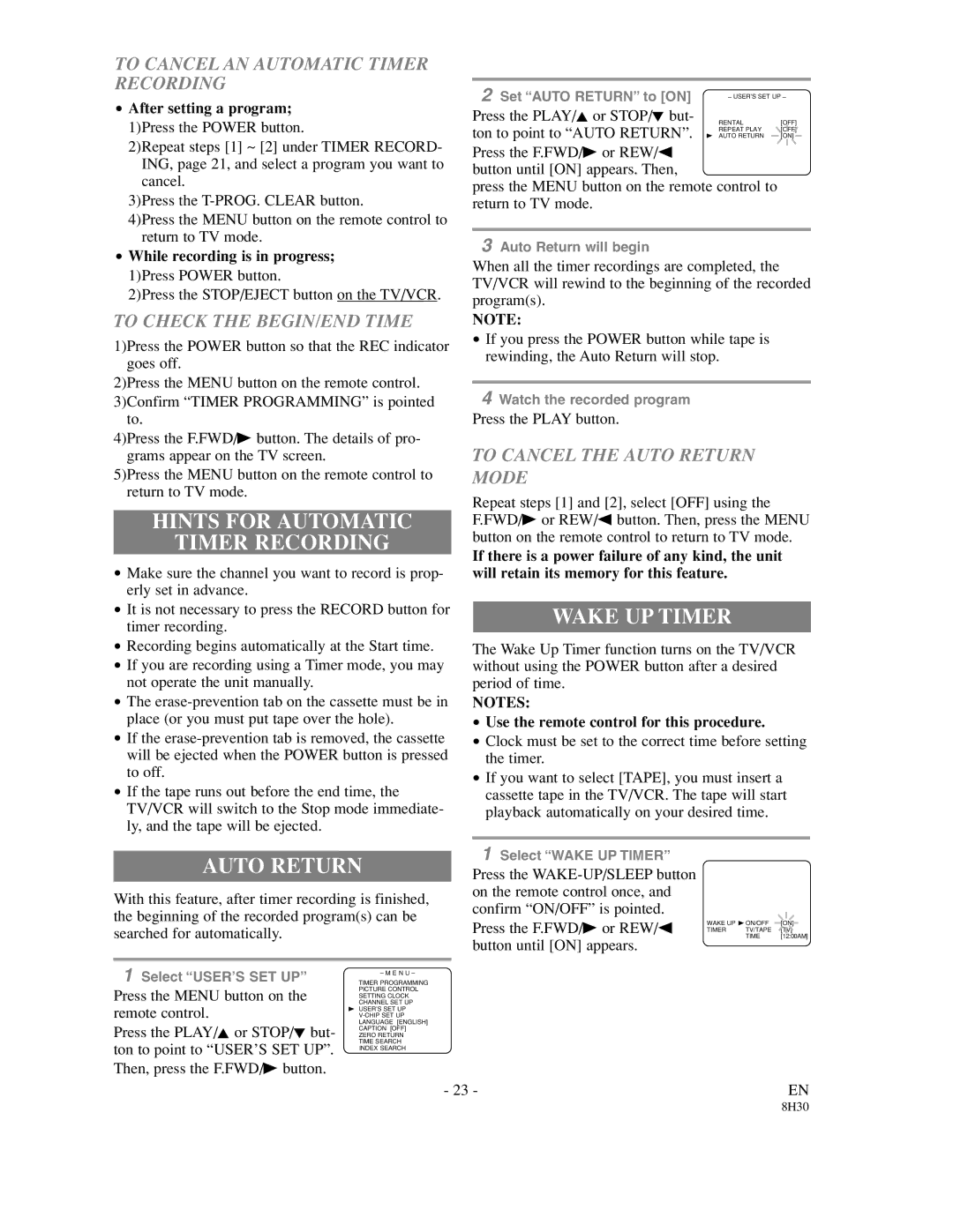 Sylvania SRC21135 owner manual Hints for Automatic Timer Recording, Wake UP Timer, Auto Return 