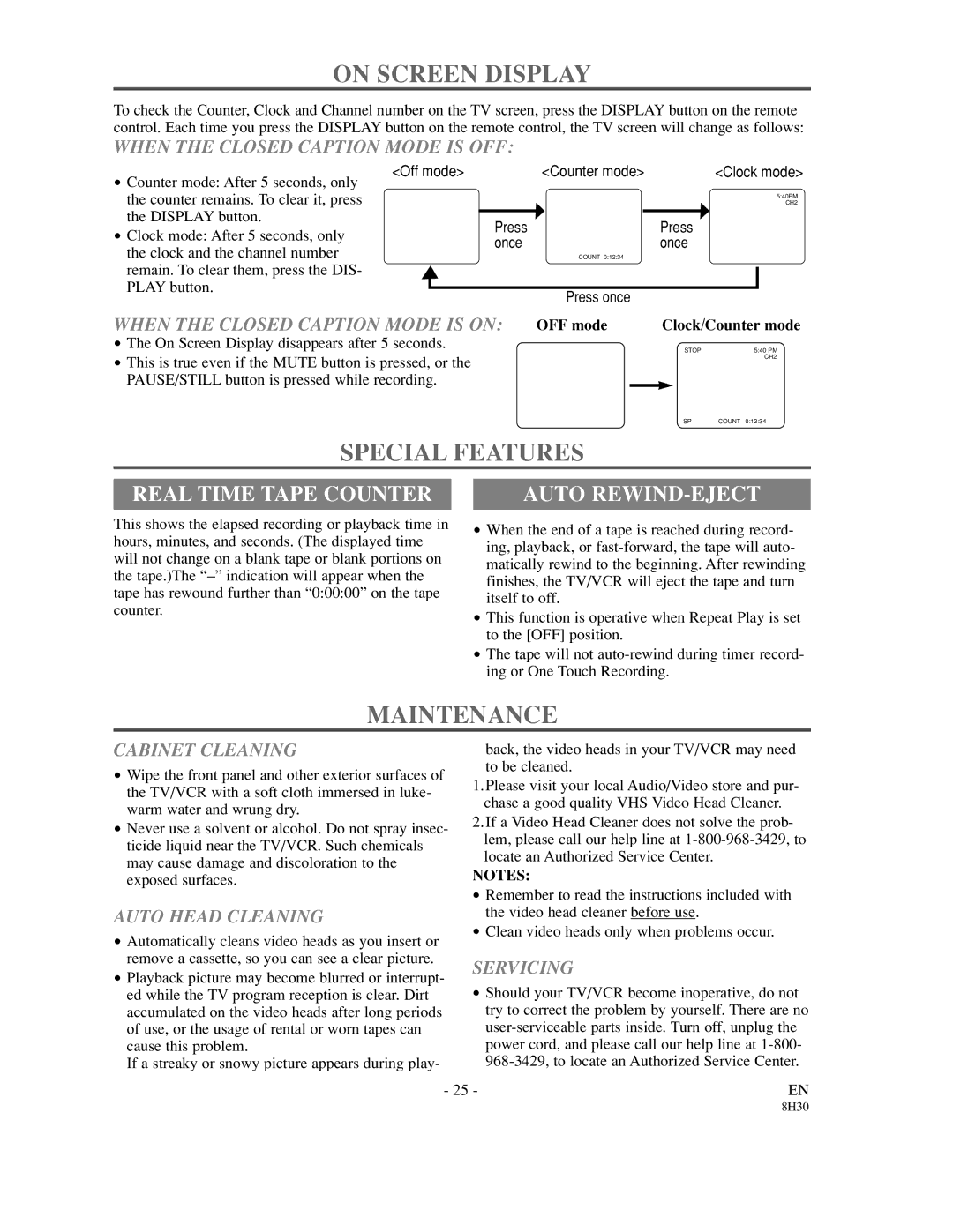 Sylvania SRC21135 owner manual On Screen Display, Special Features, Maintenance, Real Time Tape Counter, Auto REWIND-EJECT 