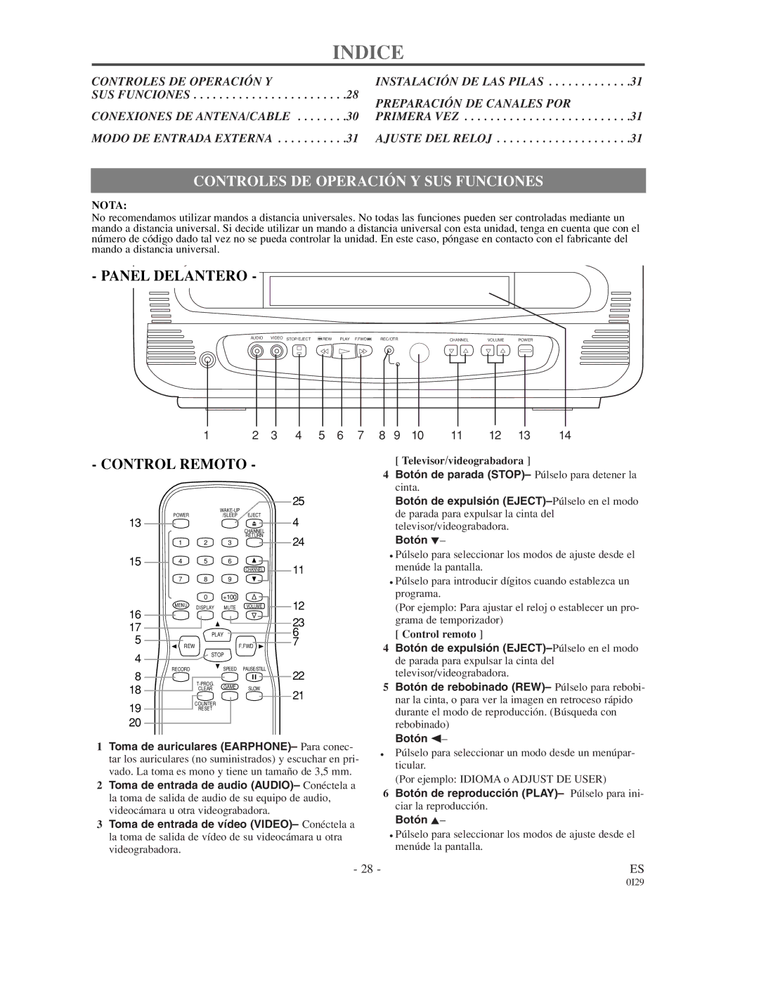 Sylvania SRC21135 owner manual Indice, Controles DE Operación Y SUS Funciones 