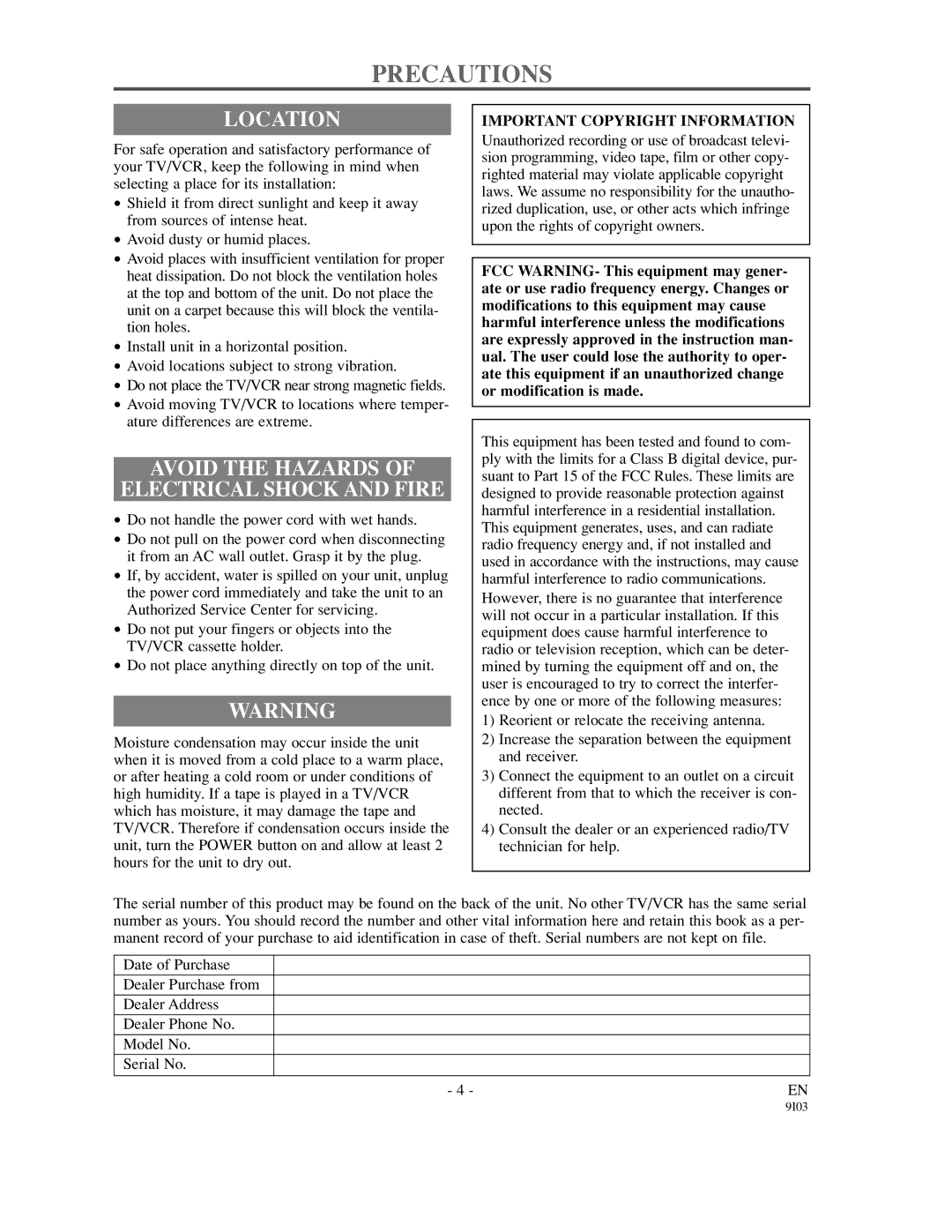 Sylvania SRC21135 Precautions, Location, Avoid the Hazards Electrical Shock and Fire, Important Copyright Information 