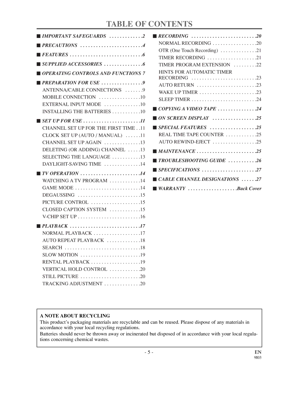 Sylvania SRC21135 owner manual Table of Contents 