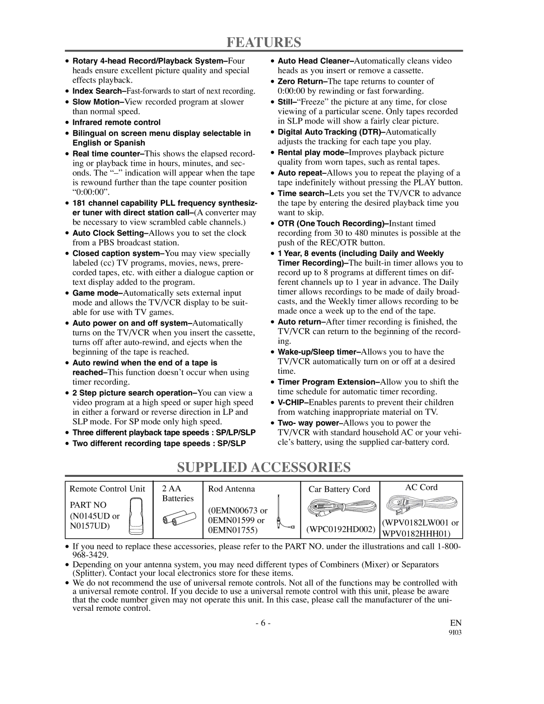 Sylvania SRC21135 owner manual Features, Supplied Accessories 