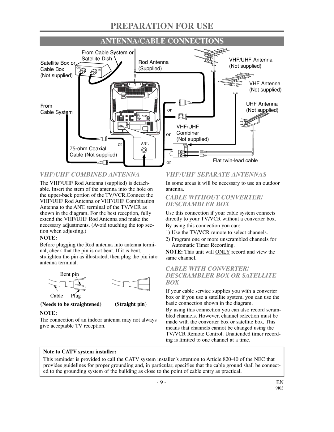 Sylvania SRC21135 owner manual Preparation for USE, ANTENNA/CABLE Connections 