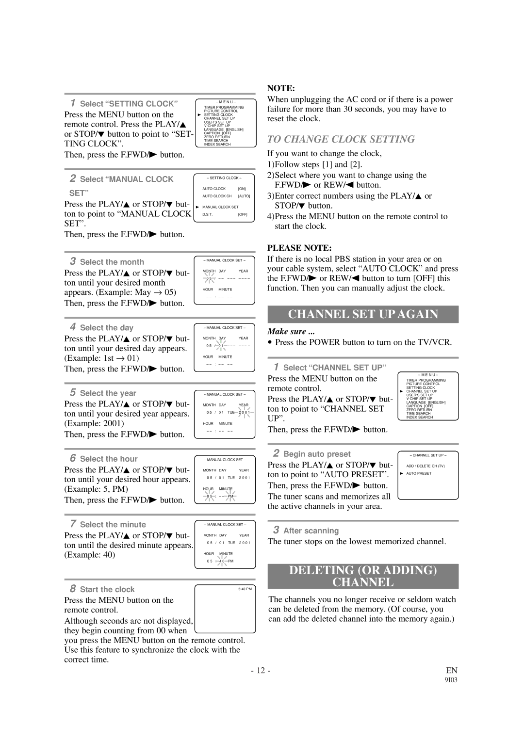 Sylvania SRC21194, SRC21134 Channel SET UP Again, Deleting or Adding Channel, To Change Clock Setting, Please Note 