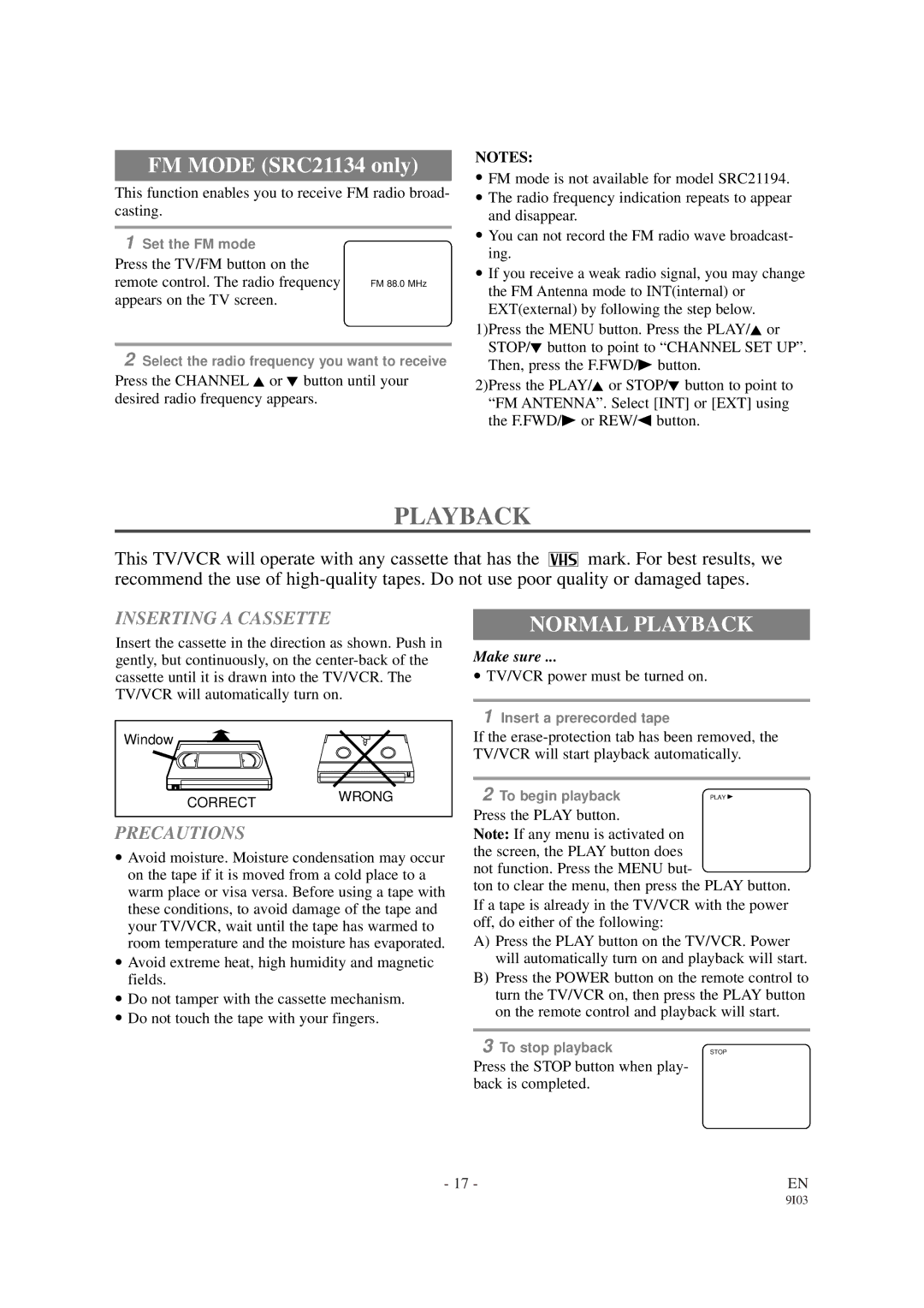 Sylvania SRC21134, SRC21194 owner manual Normal Playback, Inserting a Cassette, Precautions 