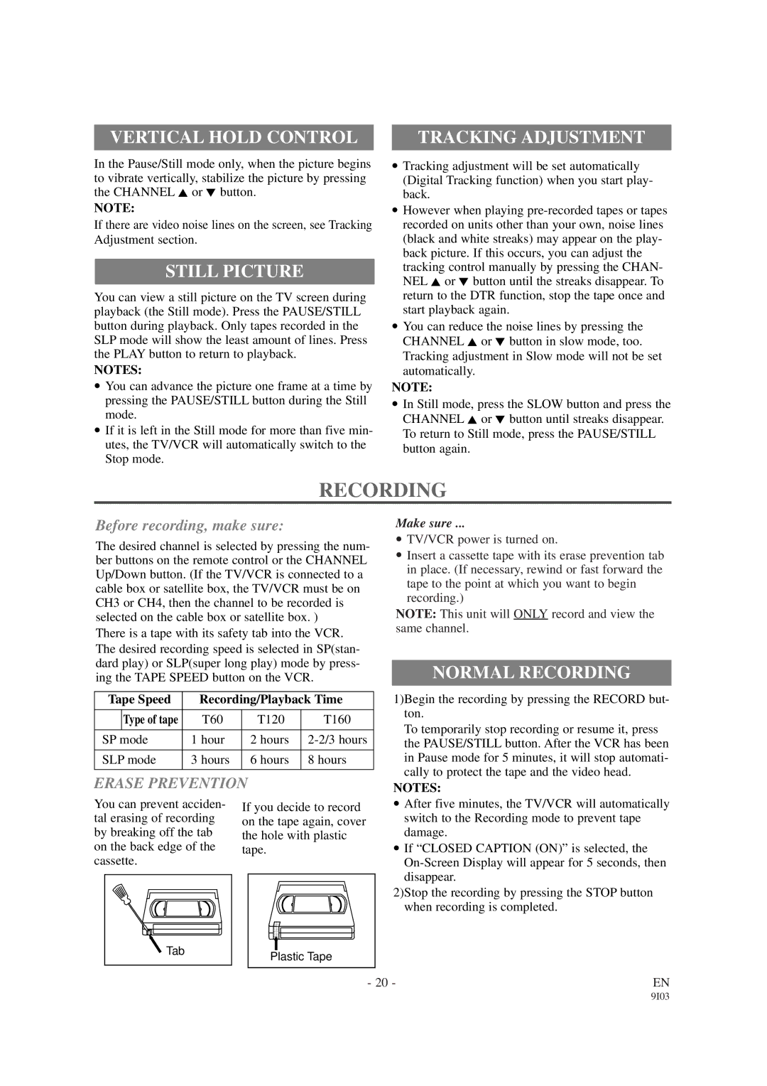 Sylvania SRC21194, SRC21134 owner manual Vertical Hold Control, Still Picture, Tracking Adjustment, Normal Recording 