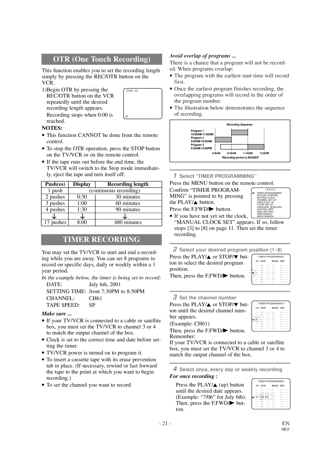 Sylvania SRC21134, SRC21194 owner manual Timer Recording, Pushes Display Recording length, Channel CH61 Tape Speed SP 