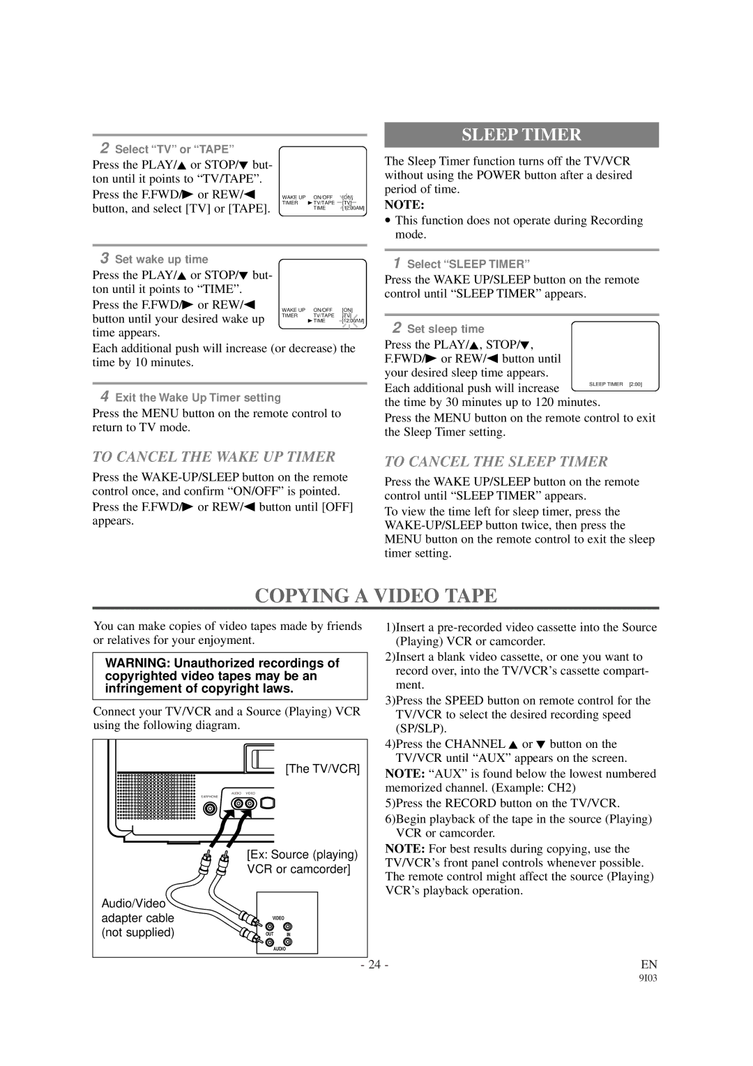 Sylvania SRC21194, SRC21134 owner manual Copying a Video Tape, To Cancel the Wake UP Timer, To Cancel the Sleep Timer 