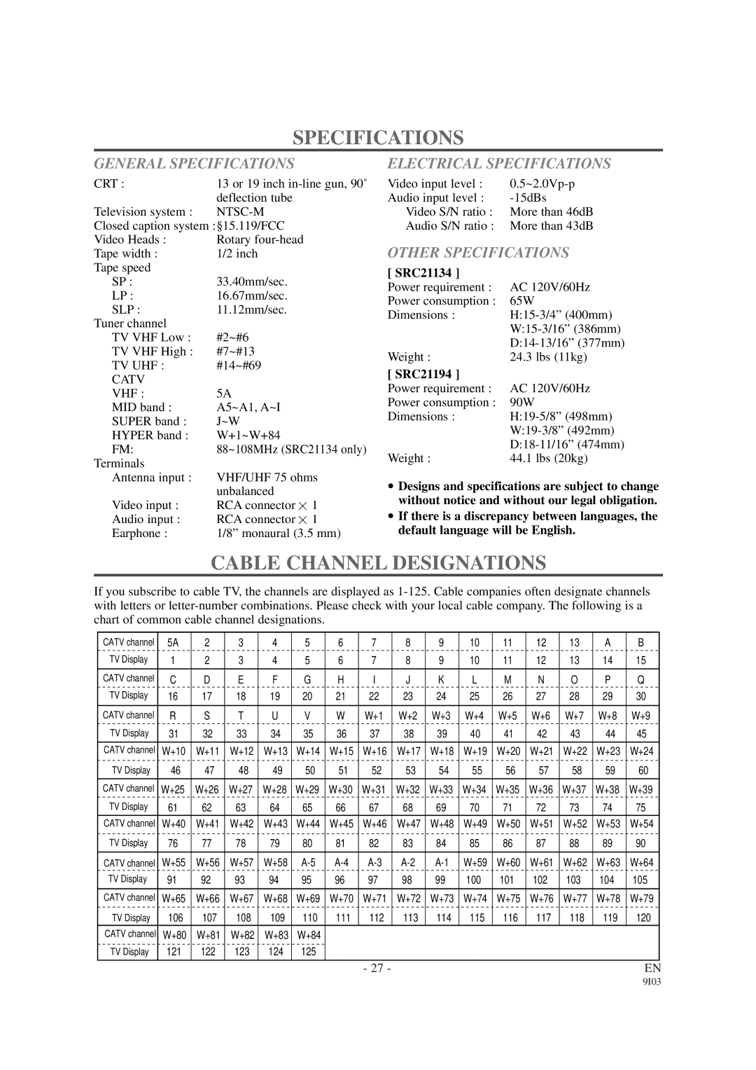 Sylvania SRC21134 Cable Channel Designations, General Specifications, Electrical Specifications, Other Specifications 